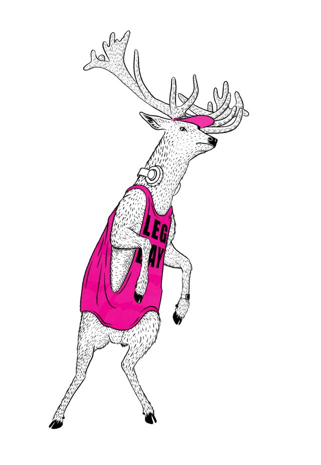 Illustration of a deer wearing headphone, a smartwatch, and a singlet shirt that says "Leg Day."