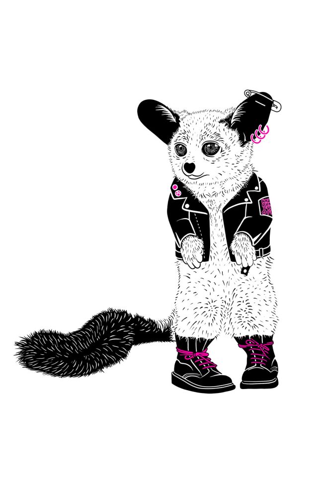 An illustration of a bushbaby wearing punk-rock clothes.