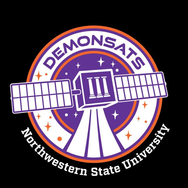 A logo for the NSU Demonsats program, depicting a small satellite with the university logo.