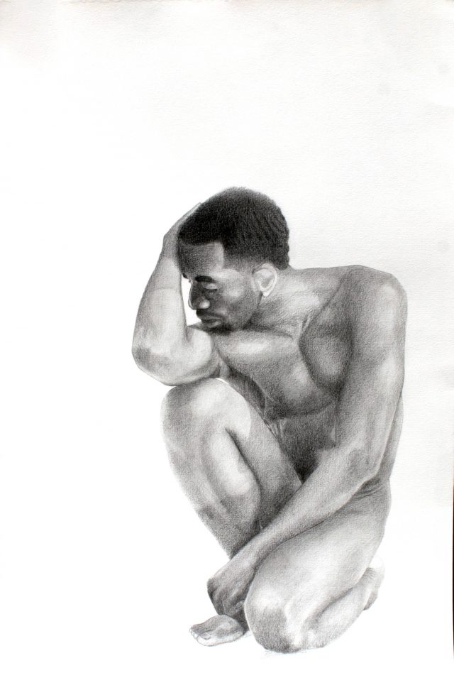 A drawing of a kneeling man in graphite.