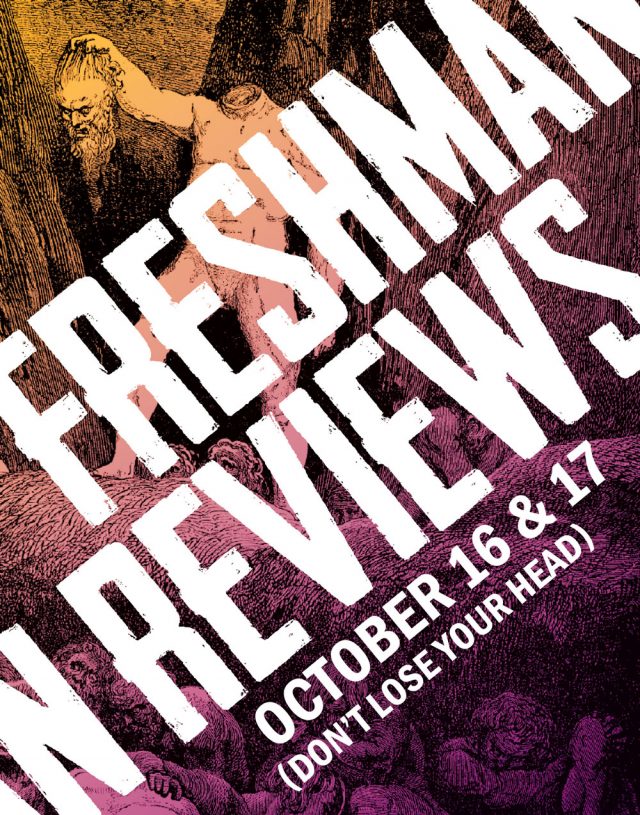 Poster with the words "Freshman Reviews: Don't Lose Your Head," imposed on a Dore engraving of a man holding his own head.