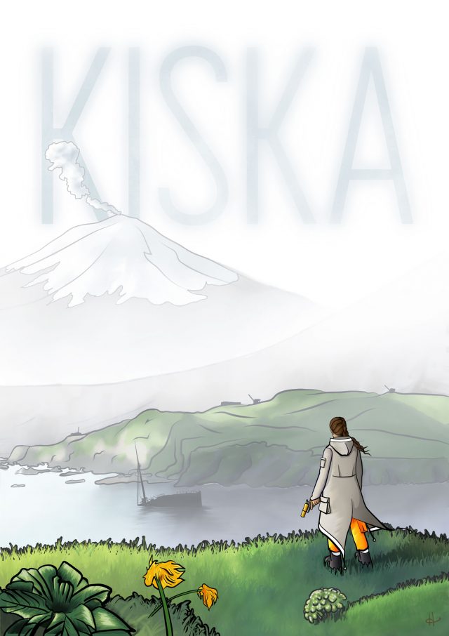 Illustration of a woman standing on a grassy cliff overlooking a bay, wearing a parka and holding a flaregun.