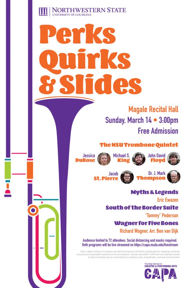 Poster with a colorful trombone illustration and the words "Perks, Quirks, & Slides"
