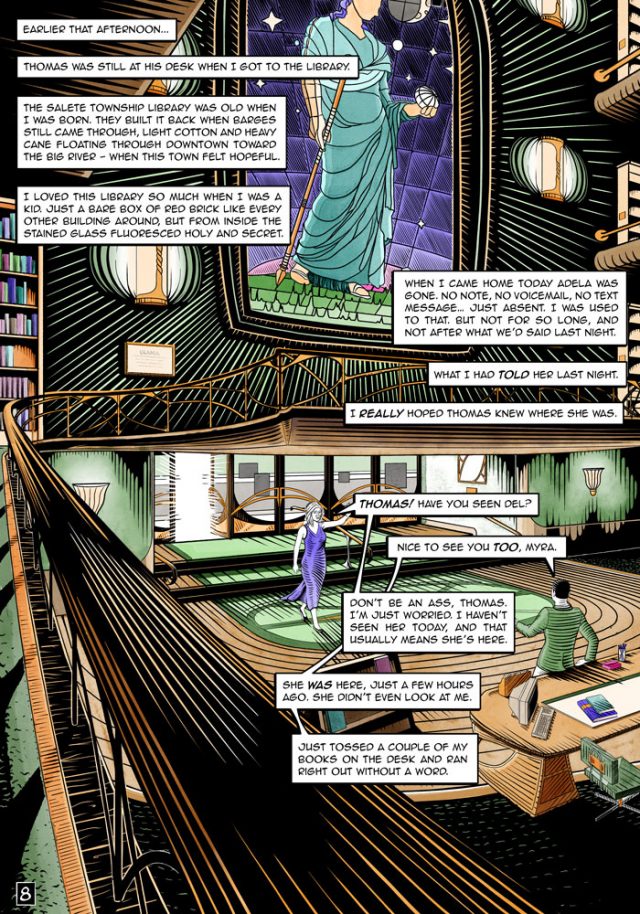 A comics page set in a library.