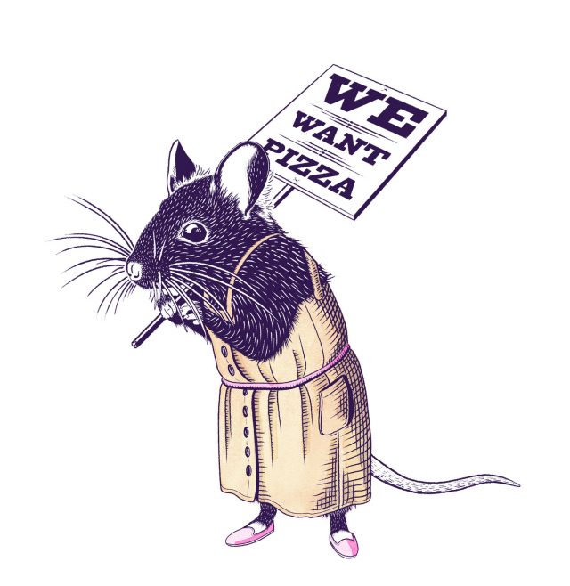 Illustration of a rat in a dress holding a sign which reads "We Want Pizza."