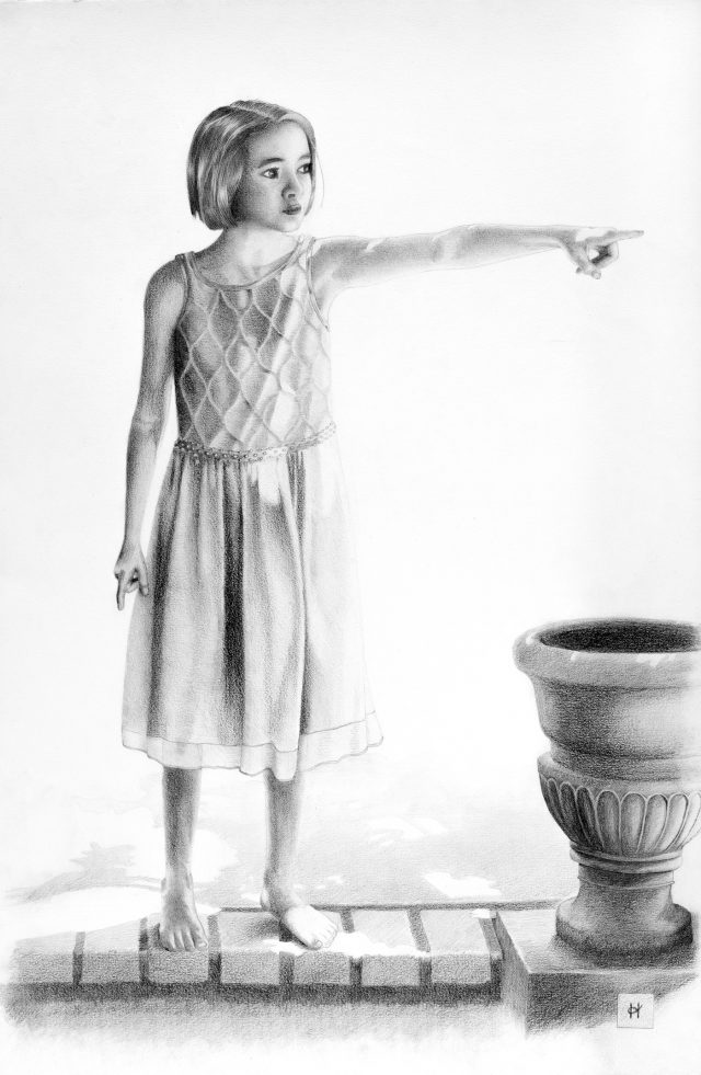 A graphite drawing of a young girl pointing to the distance standing next to a concrete urn.